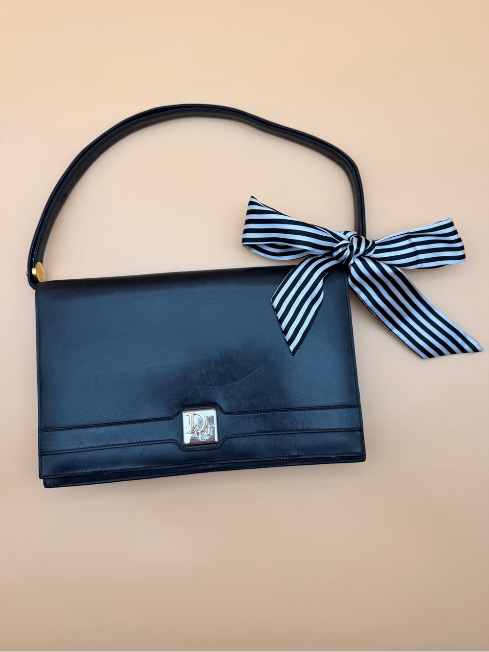 Vintage Christian Dior Black Leather Flap Shoulder Bag Clutch Gold Plaque 🇫🇷